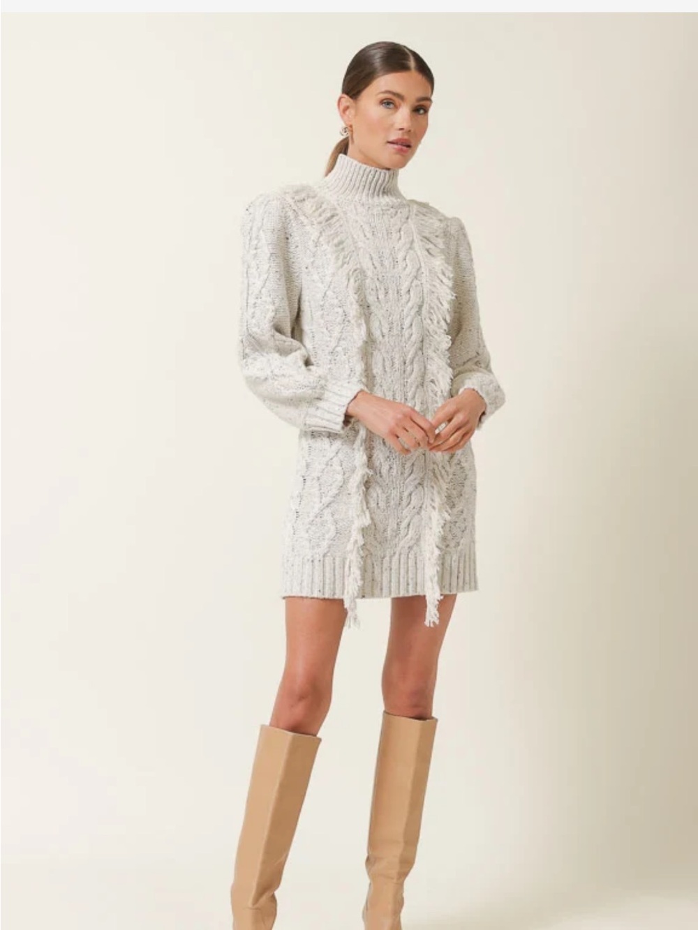 Line & Dot Cable Knit Turtleneck Mini Dress in Light Gray